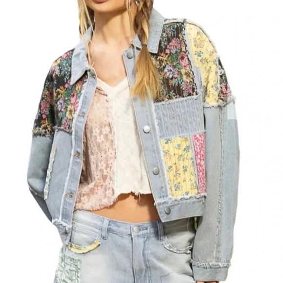 POL BOHO Patchwork Denim Women Size Small Jacket With Stitching Detail NEW - Picture 3 of 16